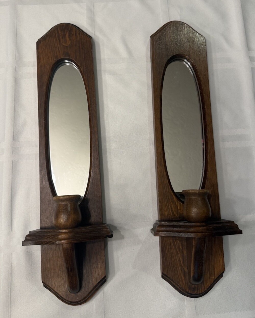 Pair of Vintage Mirror Candle Holder Wood Wall Sconces, Rustic Cottagecore
